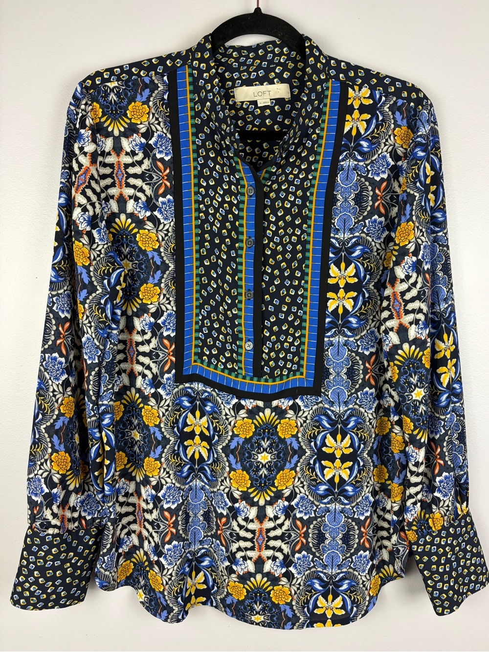 LOFT Medium Mixed Floral Medallion Print Popover Blouse Blue Yellow